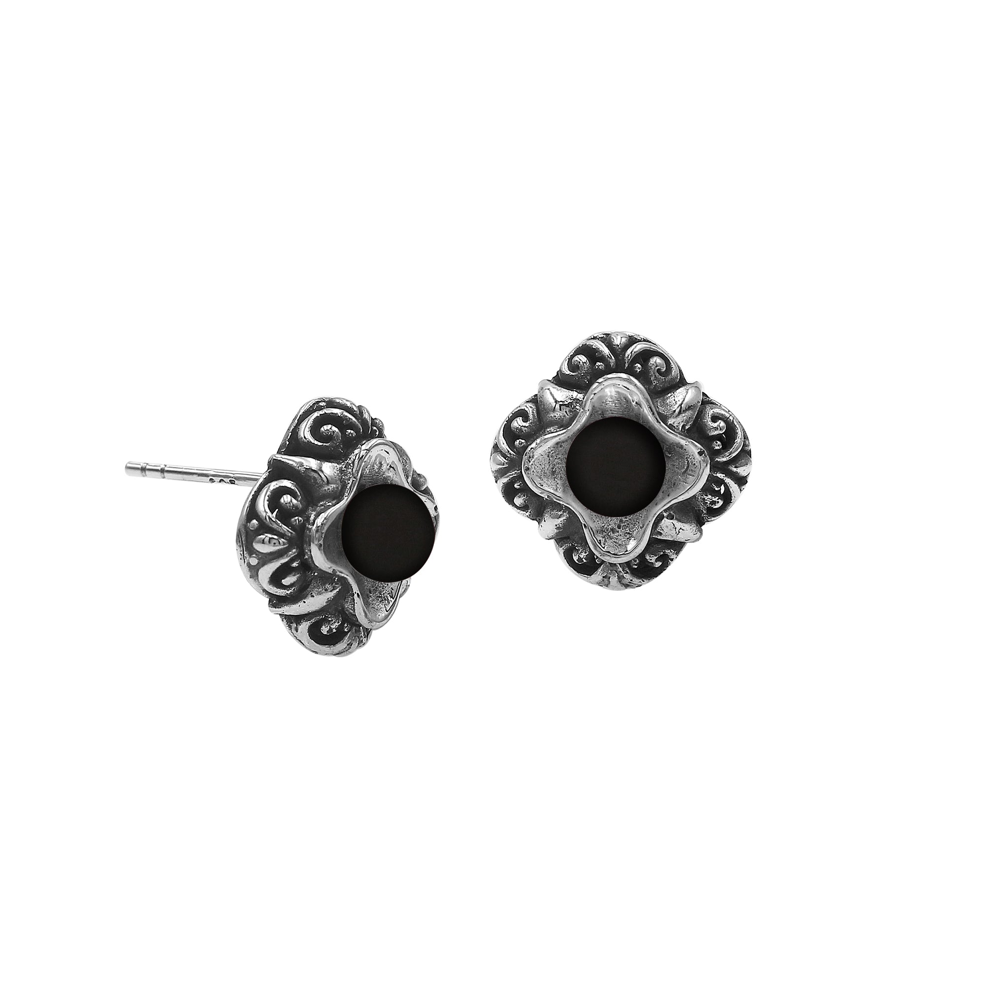Wholesale Sterling Silver Vintage Floral Black Onyx Stud Earrings With Oxidized Bali Detailing