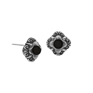 Wholesale Sterling Silver Vintage Floral Black Onyx Stud Earrings With Oxidized Bali Detailing