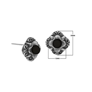 Wholesale Sterling Silver Vintage Floral Black Onyx Stud Earrings With Oxidized Bali Detailing