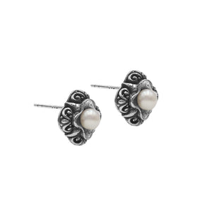 Wholesale Sterling Silver Vintage Floral Mabe Pearl Stud Earrings With Oxidized Bali Detailing