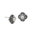 Wholesale Sterling Silver Vintage Floral Mabe Pearl Stud Earrings With Oxidized Bali Detailing