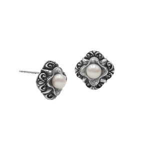 Wholesale Sterling Silver Vintage Floral Mabe Pearl Stud Earrings With Oxidized Bali Detailing