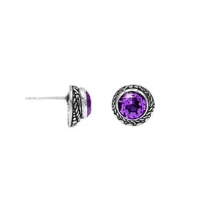 Wholesale Sterling Silver Round Amethyst Quartz Stud Earrings With Bali Rope Bezel Handcrafted In Bali