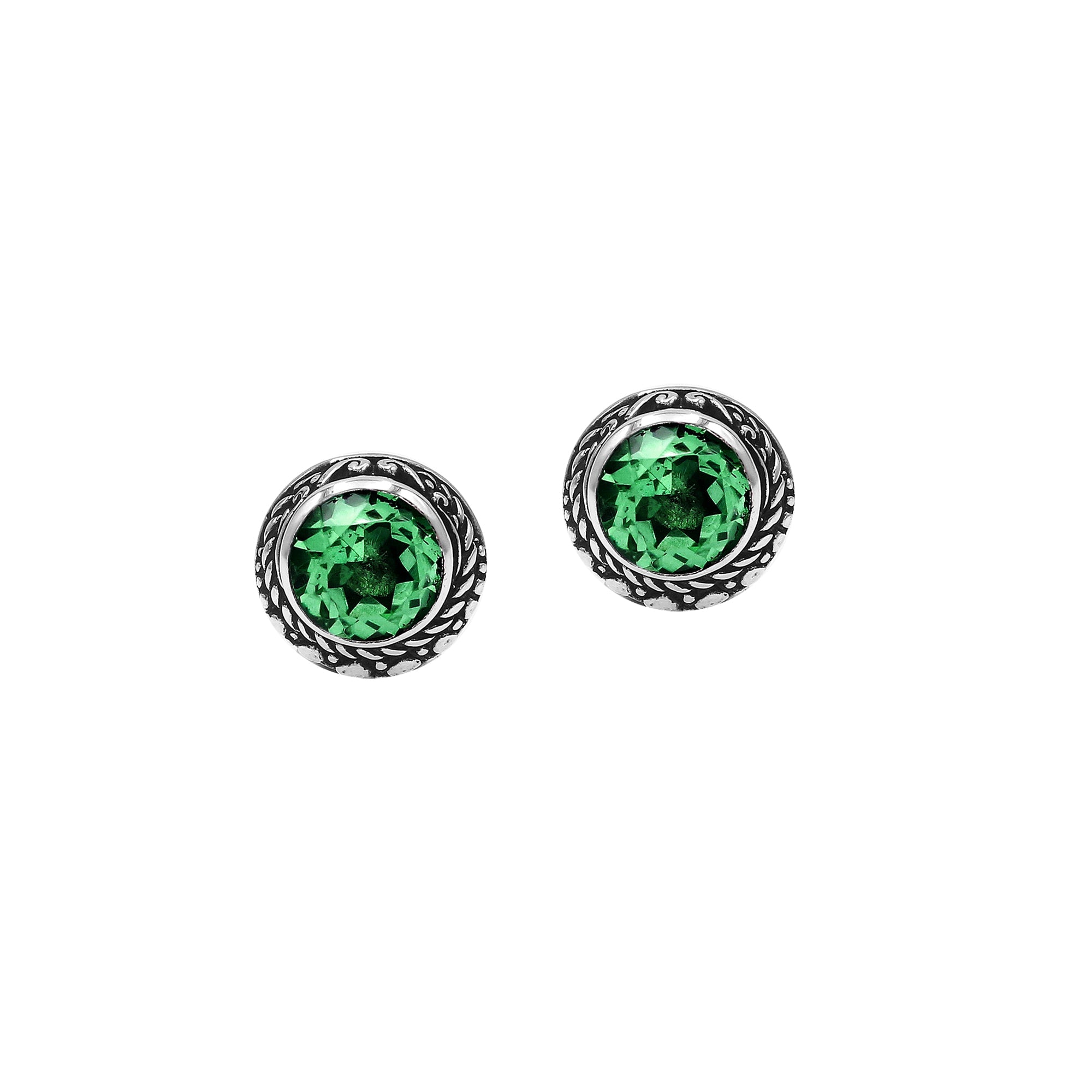 Wholesale Sterling Silver Round Green Quartz Stud Earrings With Bali Rope Bezel Handcrafted In Bali