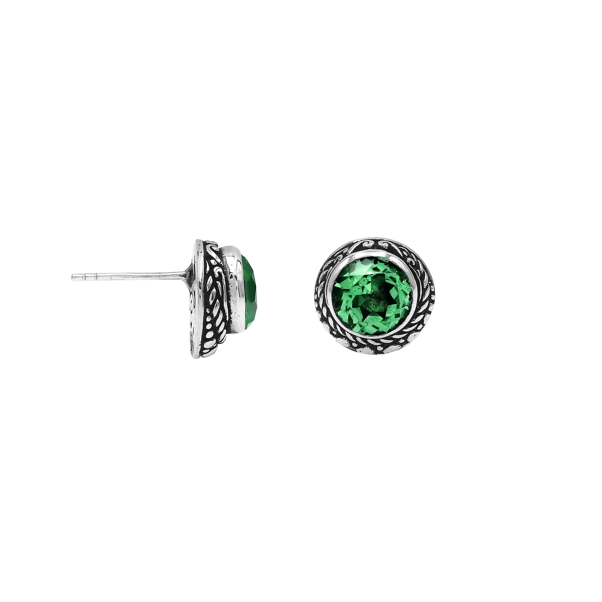 Wholesale Sterling Silver Round Green Quartz Stud Earrings With Bali Rope Bezel Handcrafted In Bali