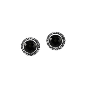 Wholesale Sterling Silver Round Black Onyx Stud Earrings With Bali Rope Bezel Handcrafted In Bali