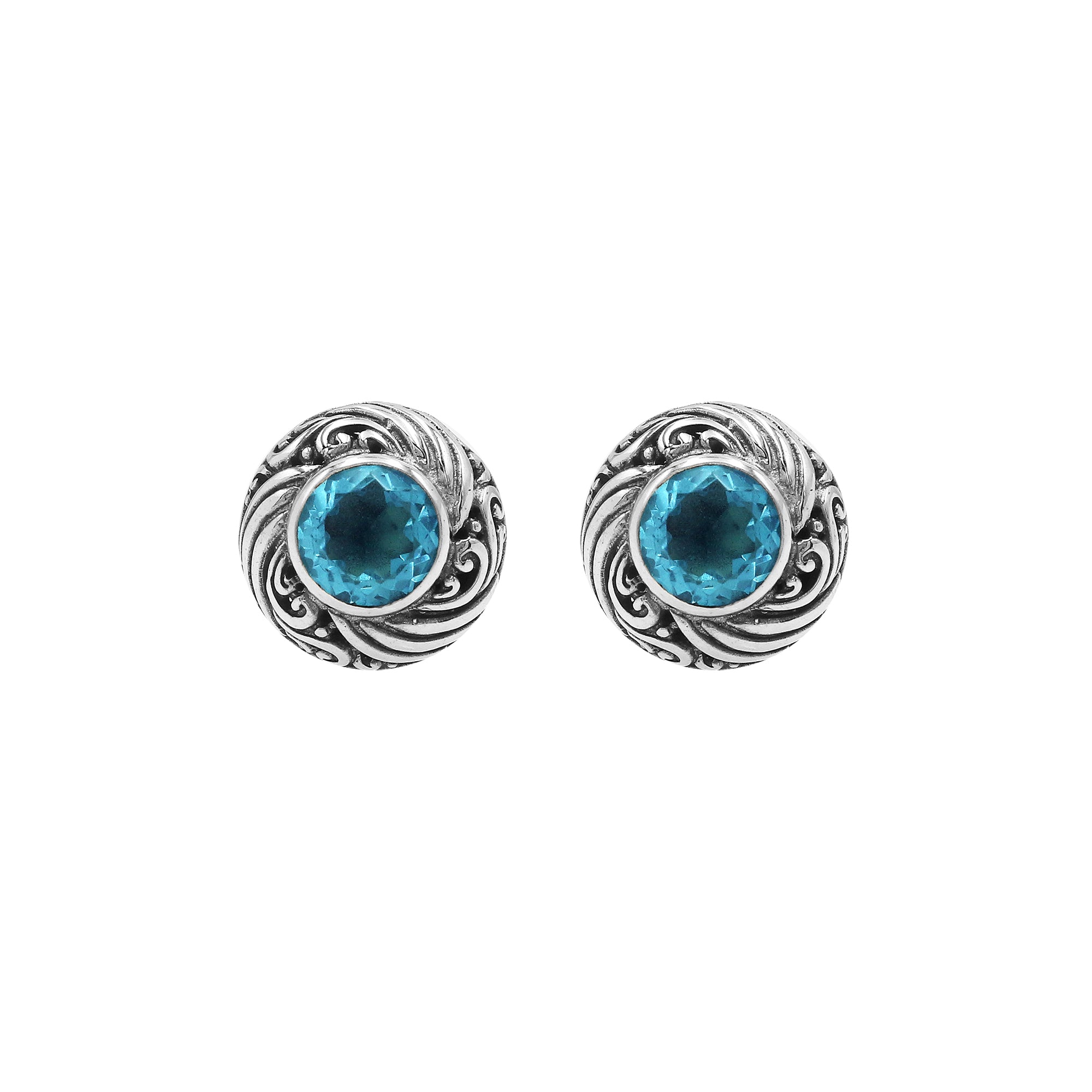Wholesale Sterling Silver Bali Swirl Blue Topaz Quartz Stud Earrings With Oxidized Detailing Handcrafted In Bali