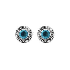 Wholesale Sterling Silver Bali Swirl Blue Topaz Quartz Stud Earrings With Oxidized Detailing Handcrafted In Bali