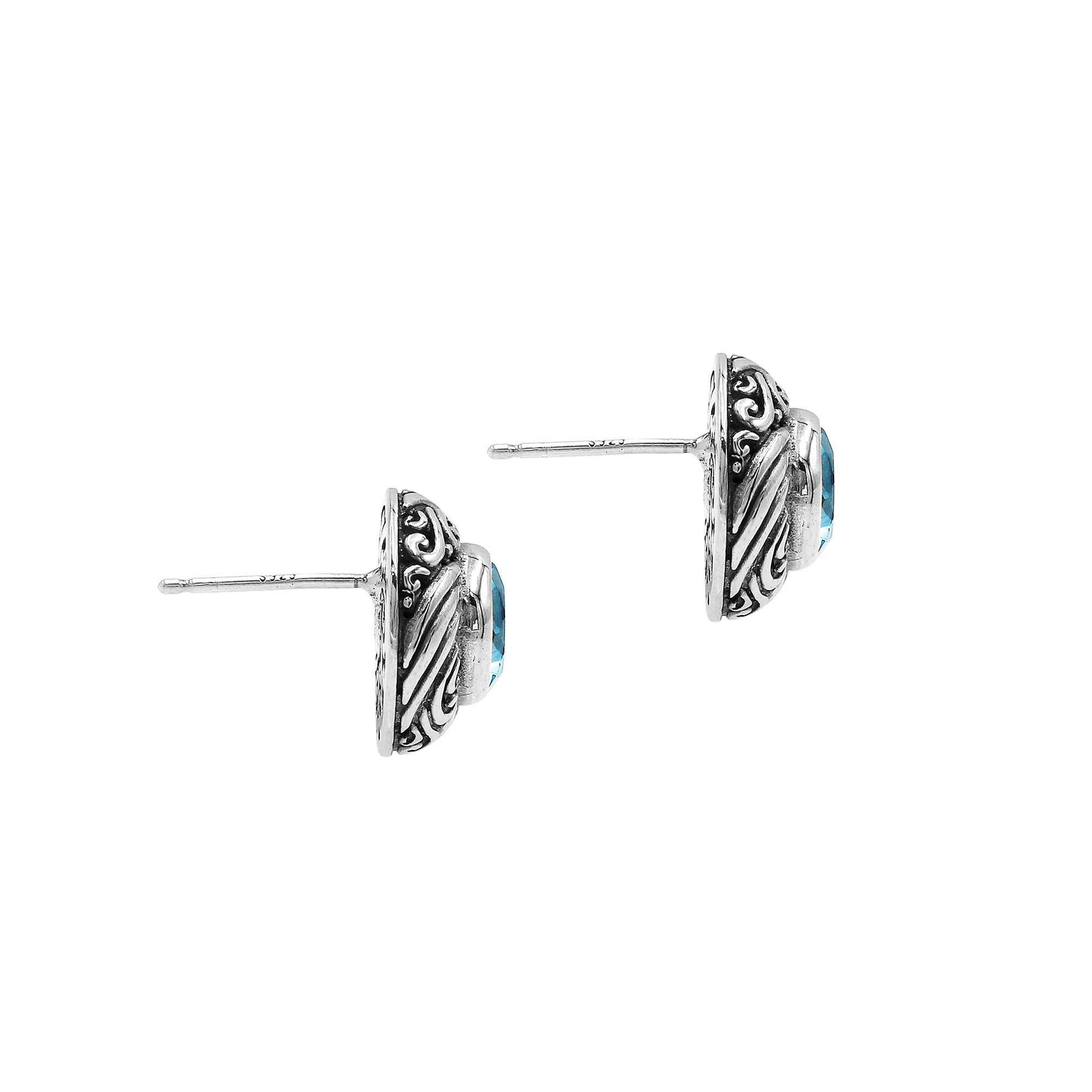 Wholesale Sterling Silver Bali Swirl Blue Topaz Quartz Stud Earrings With Oxidized Detailing Handcrafted In Bali