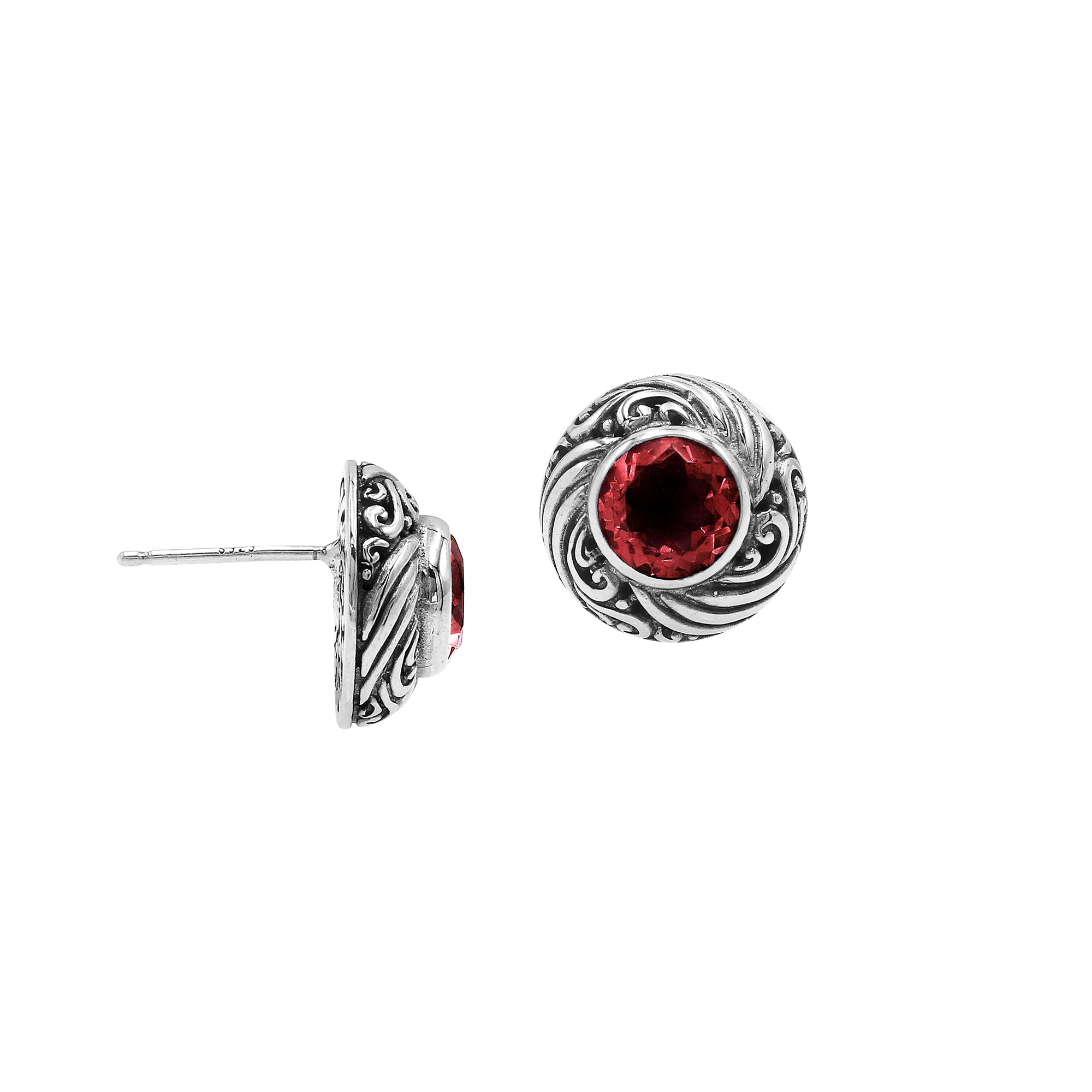 Wholesale Sterling Silver Bali Swirl Garnet Quartz Stud Earrings With Oxidized Detailing Handcrafted In Bali