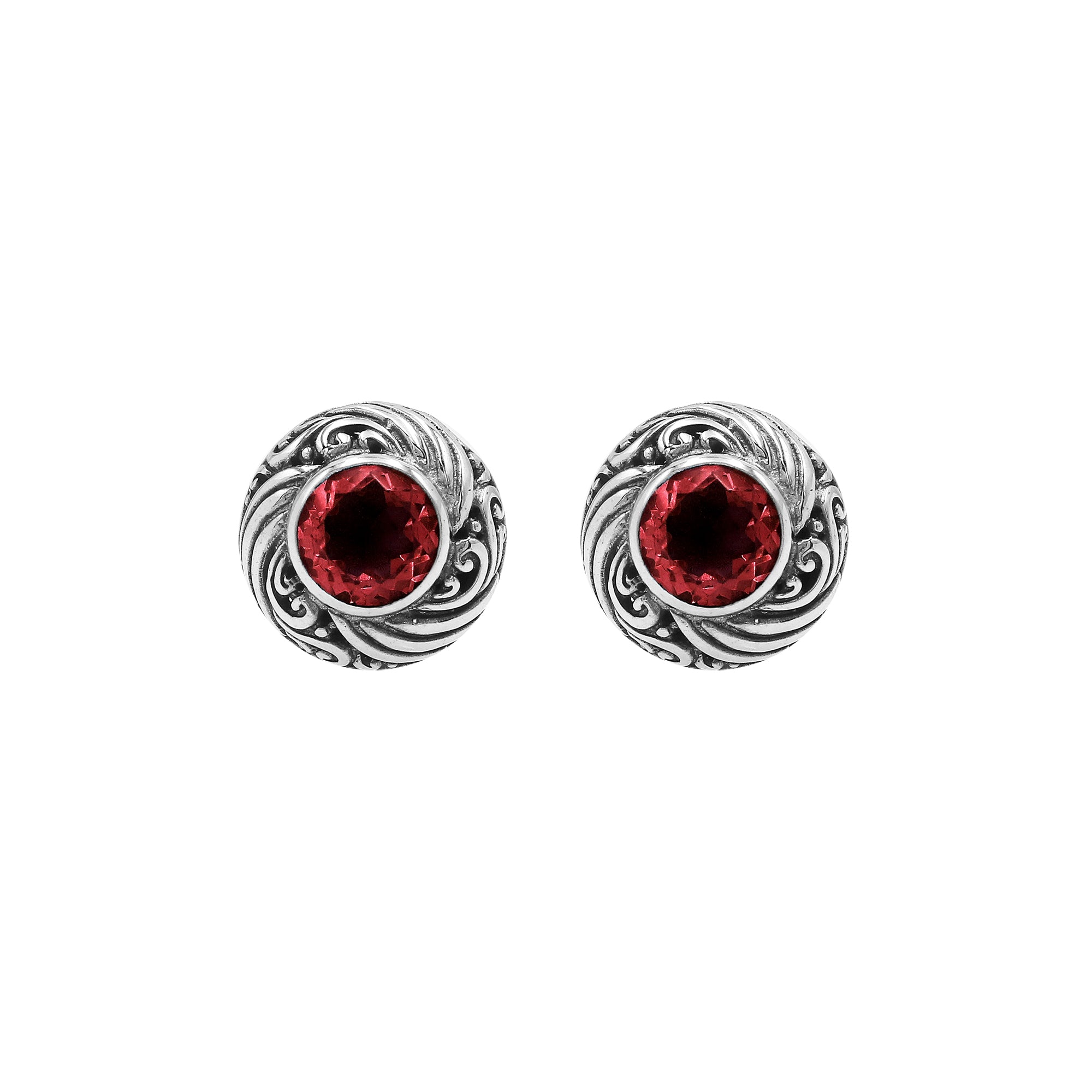 Wholesale Sterling Silver Bali Swirl Garnet Quartz Stud Earrings With Oxidized Detailing Handcrafted In Bali
