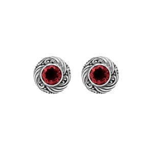 Wholesale Sterling Silver Bali Swirl Garnet Quartz Stud Earrings With Oxidized Detailing Handcrafted In Bali