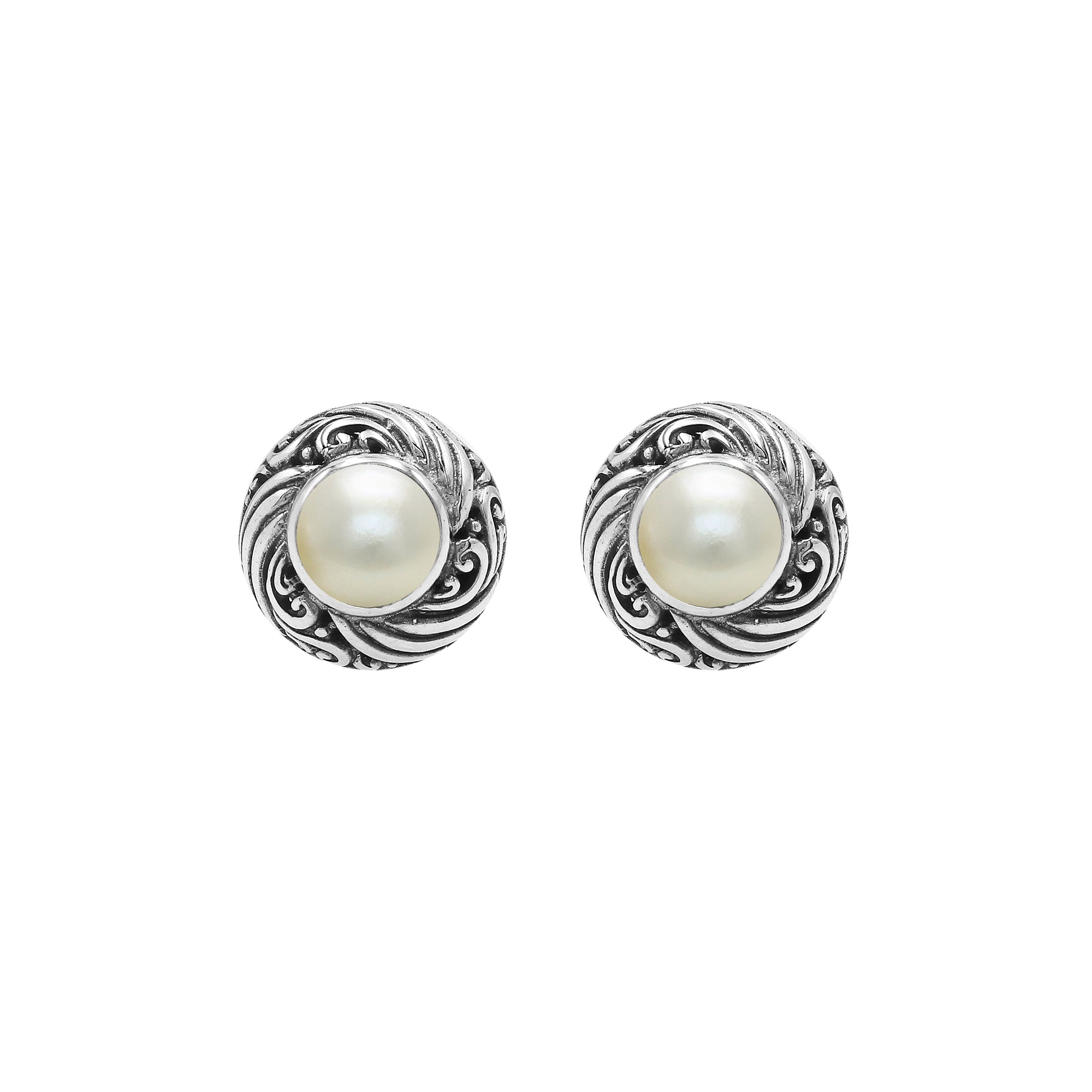 Wholesale Sterling Silver Bali Swirl Pearl Stud Earrings With Oxidized Detailing Handcrafted In Bali