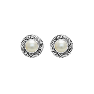 Wholesale Sterling Silver Bali Swirl Pearl Stud Earrings With Oxidized Detailing Handcrafted In Bali