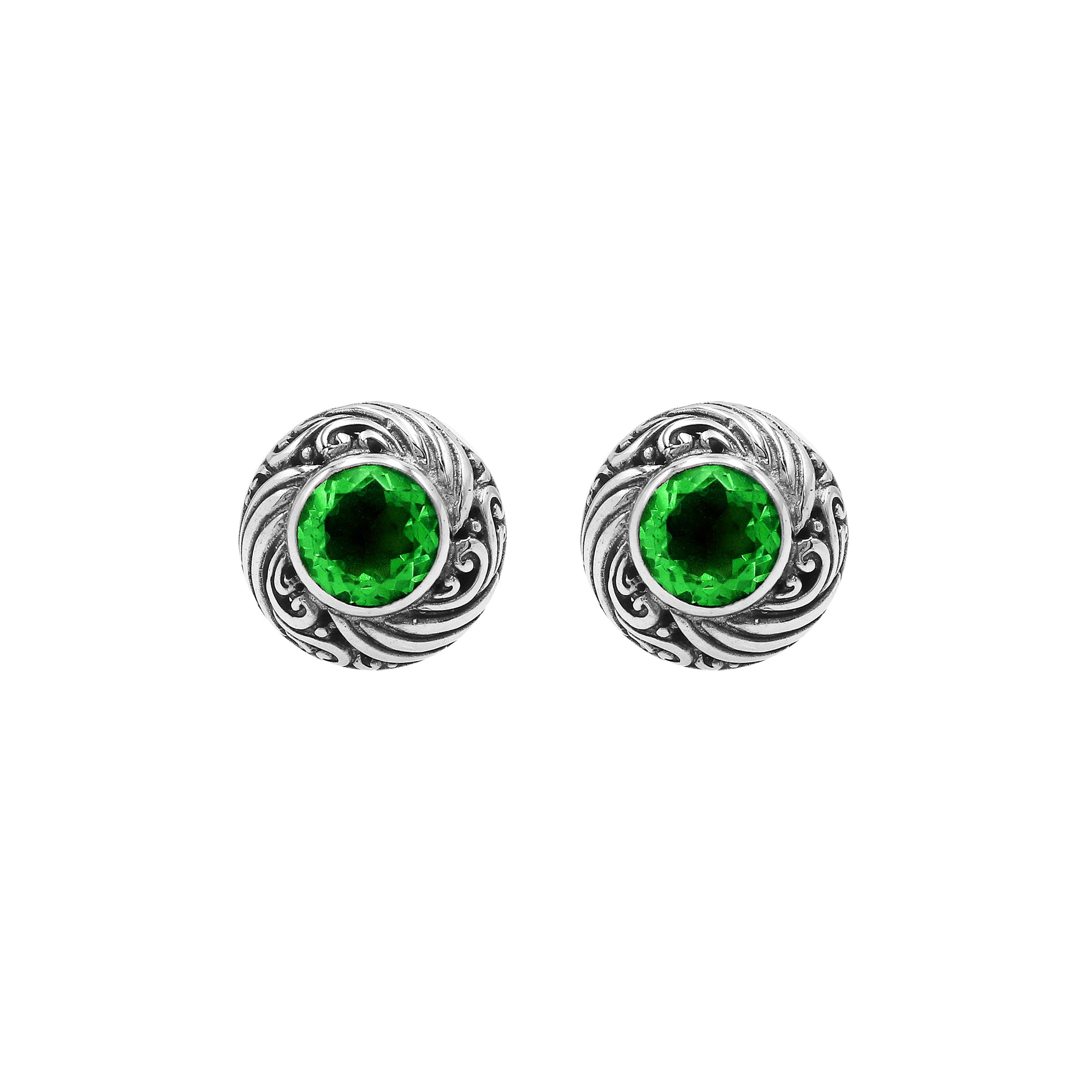 Wholesale Sterling Silver Bali Swirl Peridot Quartz Stud Earrings With Oxidized Detailing Handcrafted In Bali