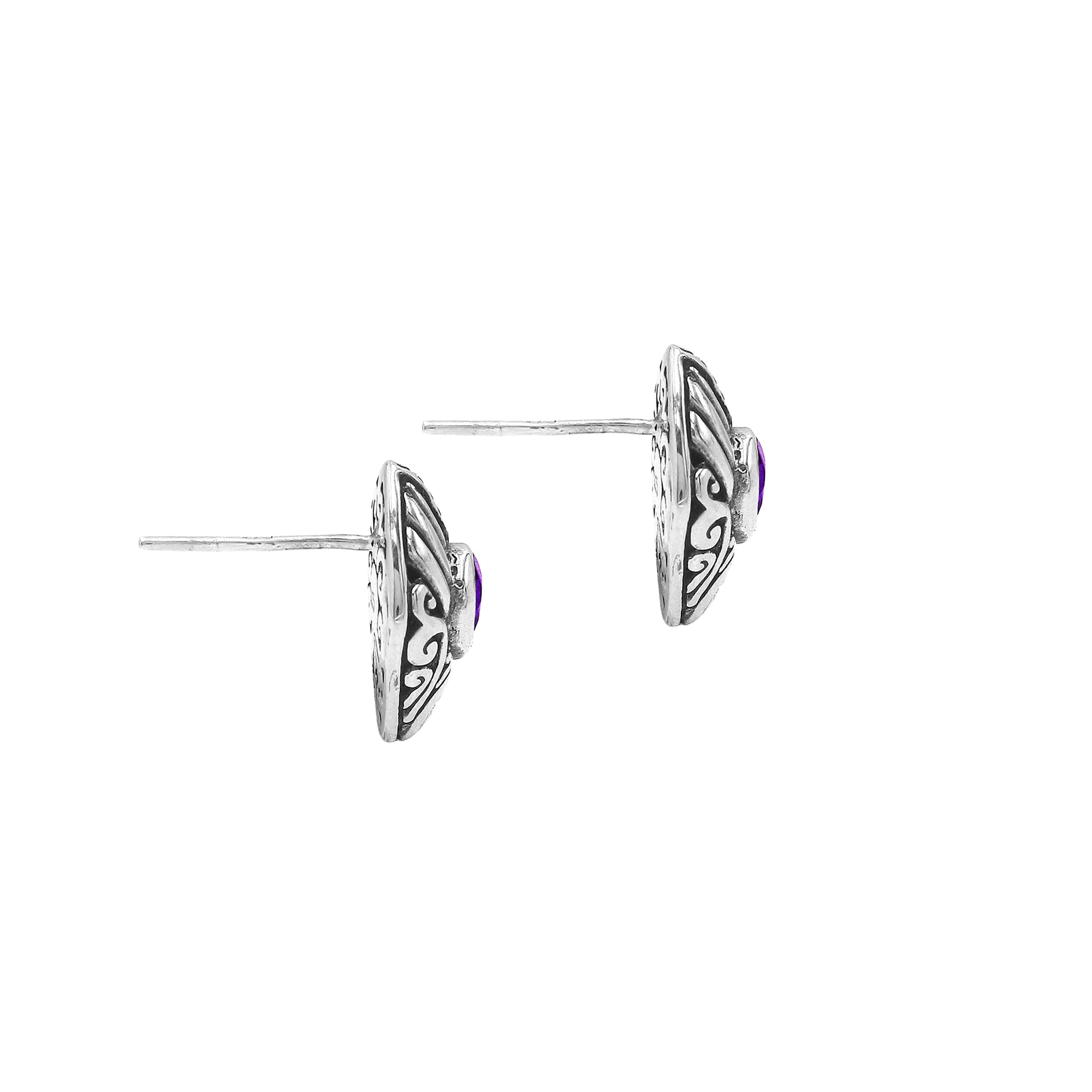 Wholesale Sterling Silver Marquise Amethyst Quartz Stud Earrings With Bali Scroll Detailing Handcrafted In Bali