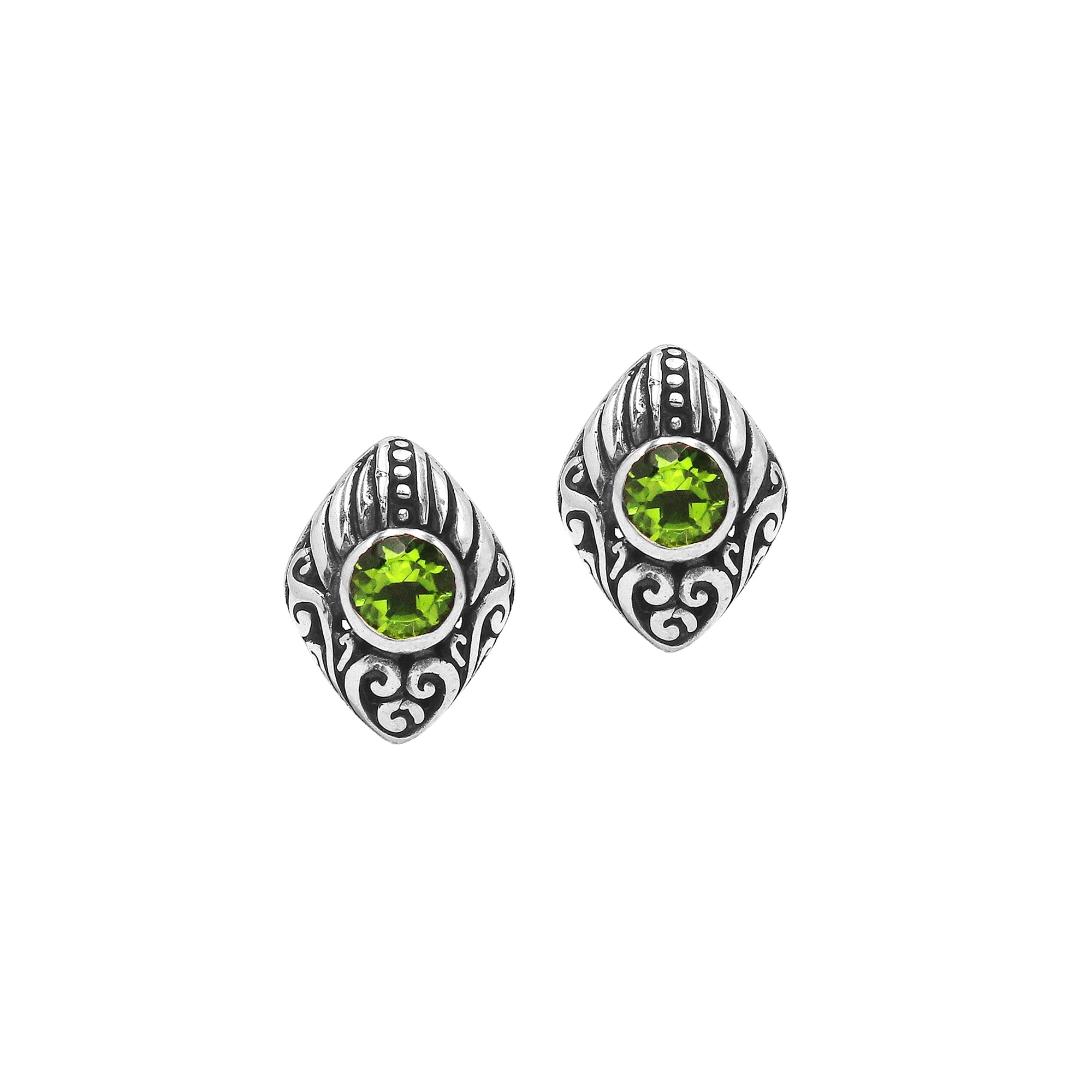 Wholesale Sterling Silver Marquise Peridot Quartz Stud Earrings With Bali Scroll Detailing Handcrafted In Bali