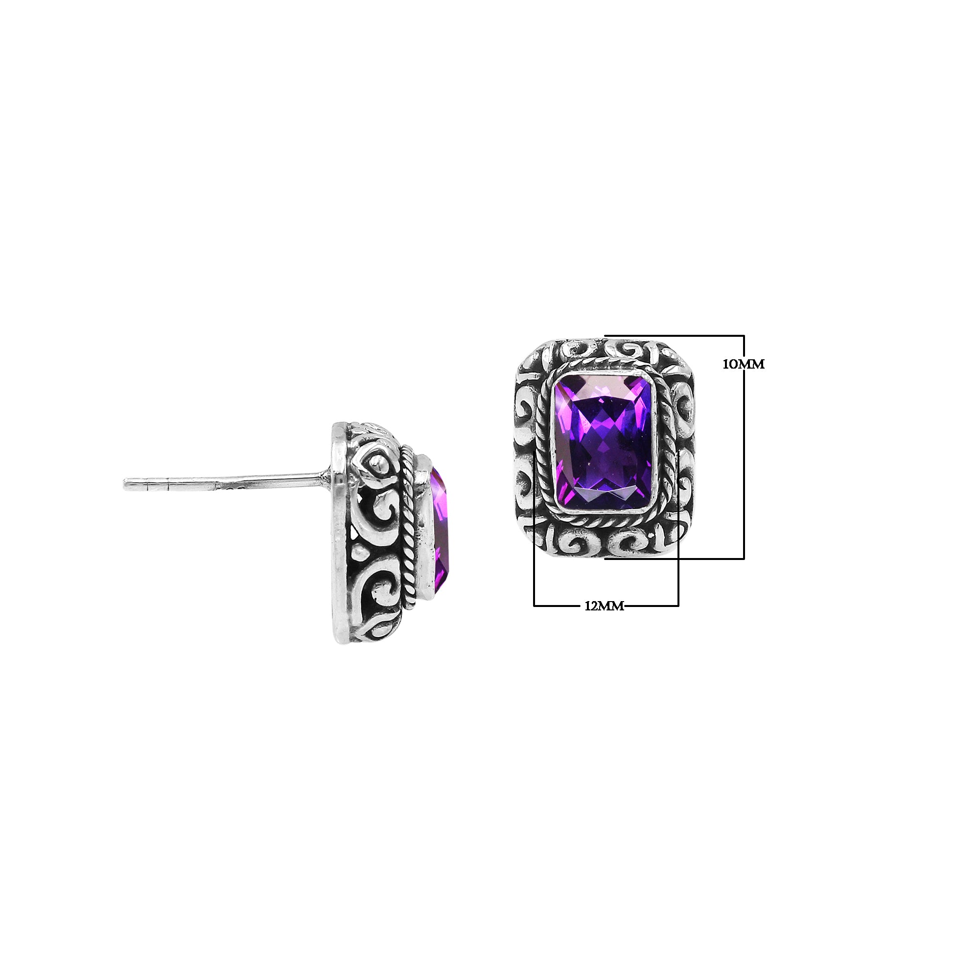 Wholesale Sterling Silver Rectangular Amethyst Quartz Stud Earrings With Bali Scroll Detailing Handcrafted In Bali