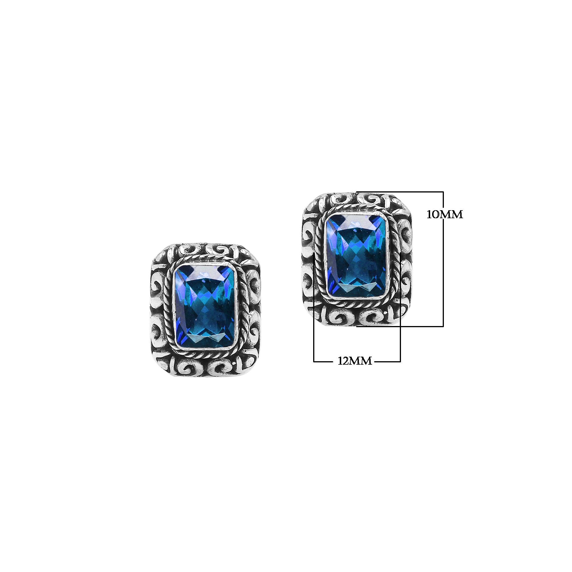 Wholesale Sterling Silver Rectangular Blue Topaz Quartz Stud Earrings With Bali Scroll Detailing Handcrafted In Bali