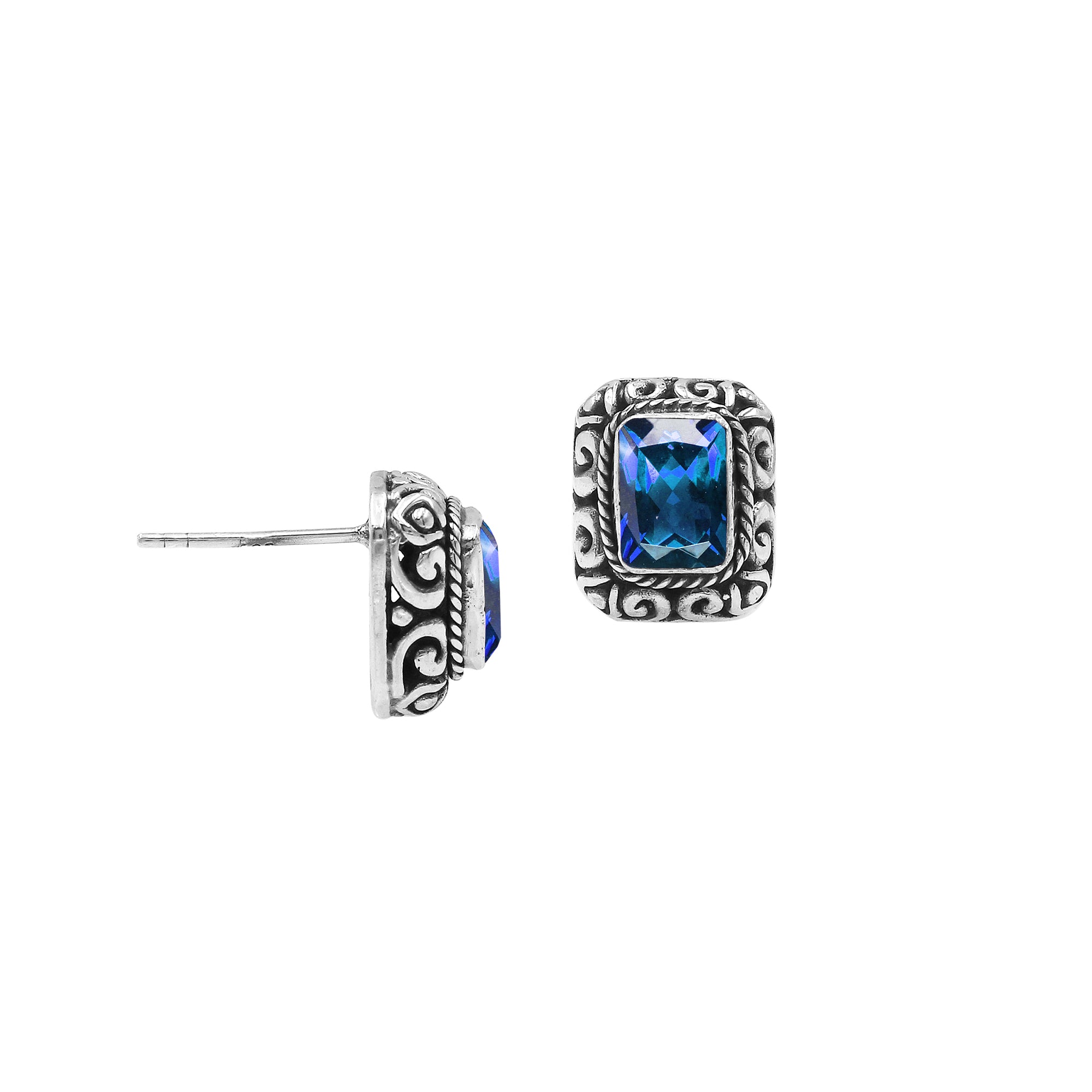 Wholesale Sterling Silver Rectangular Blue Topaz Quartz Stud Earrings With Bali Scroll Detailing Handcrafted In Bali