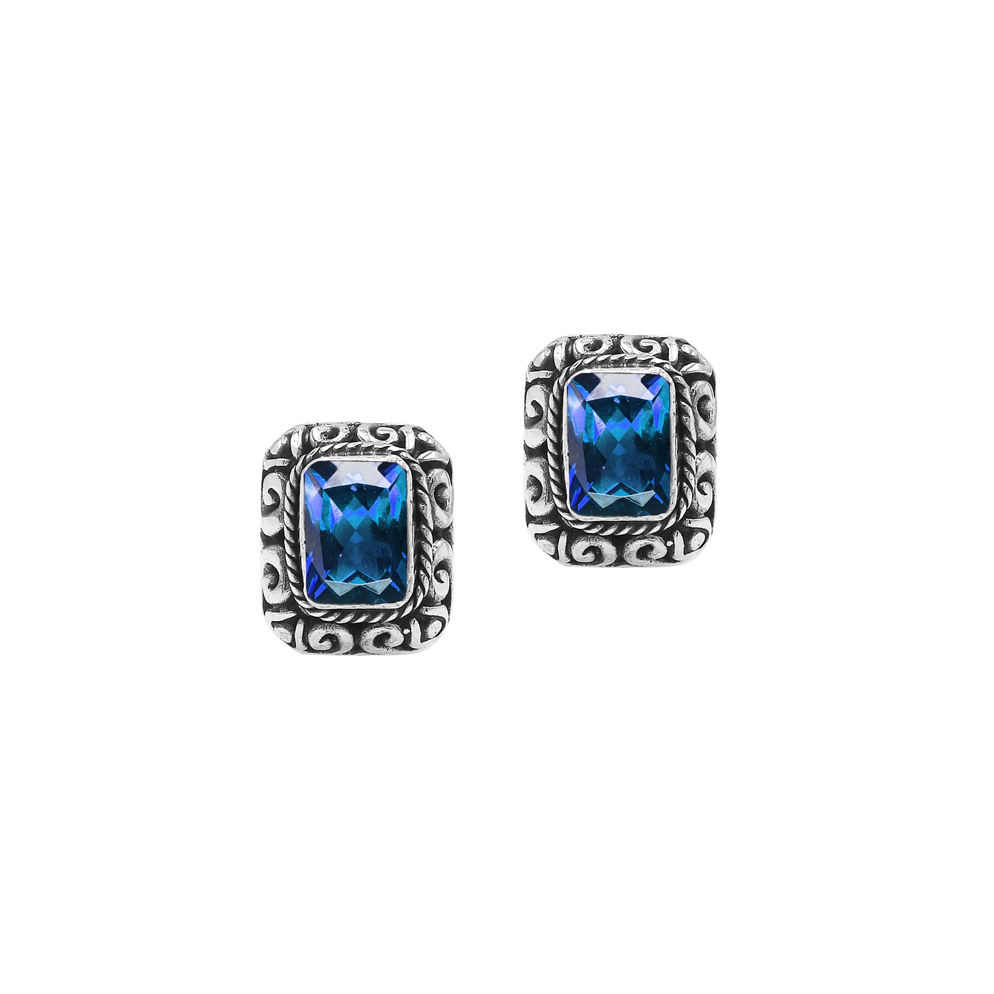 Wholesale Sterling Silver Rectangular Blue Topaz Quartz Stud Earrings With Bali Scroll Detailing Handcrafted In Bali