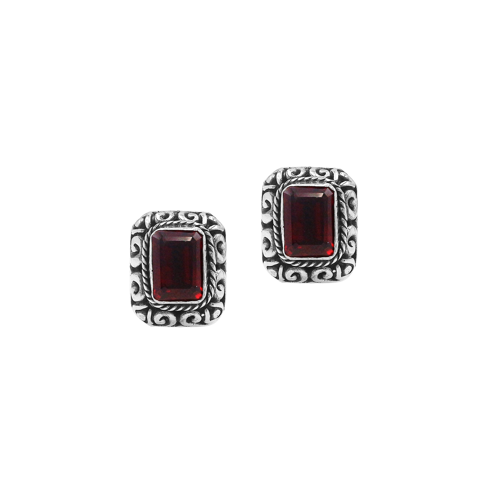 Wholesale Sterling Silver Rectangular Garnet Quartz Stud Earrings With Bali Scroll Frame Handcrafted In Bali