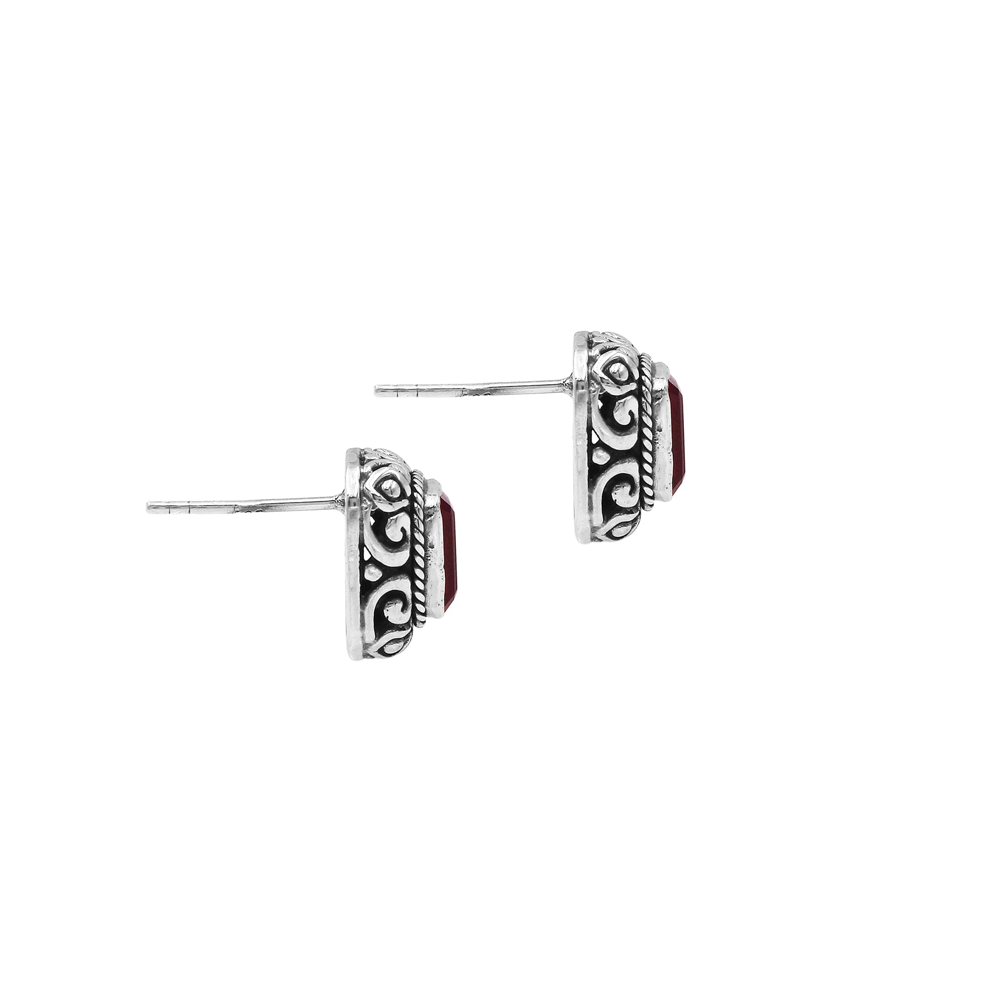 Wholesale Sterling Silver Rectangular Garnet Quartz Stud Earrings With Bali Scroll Frame Handcrafted In Bali