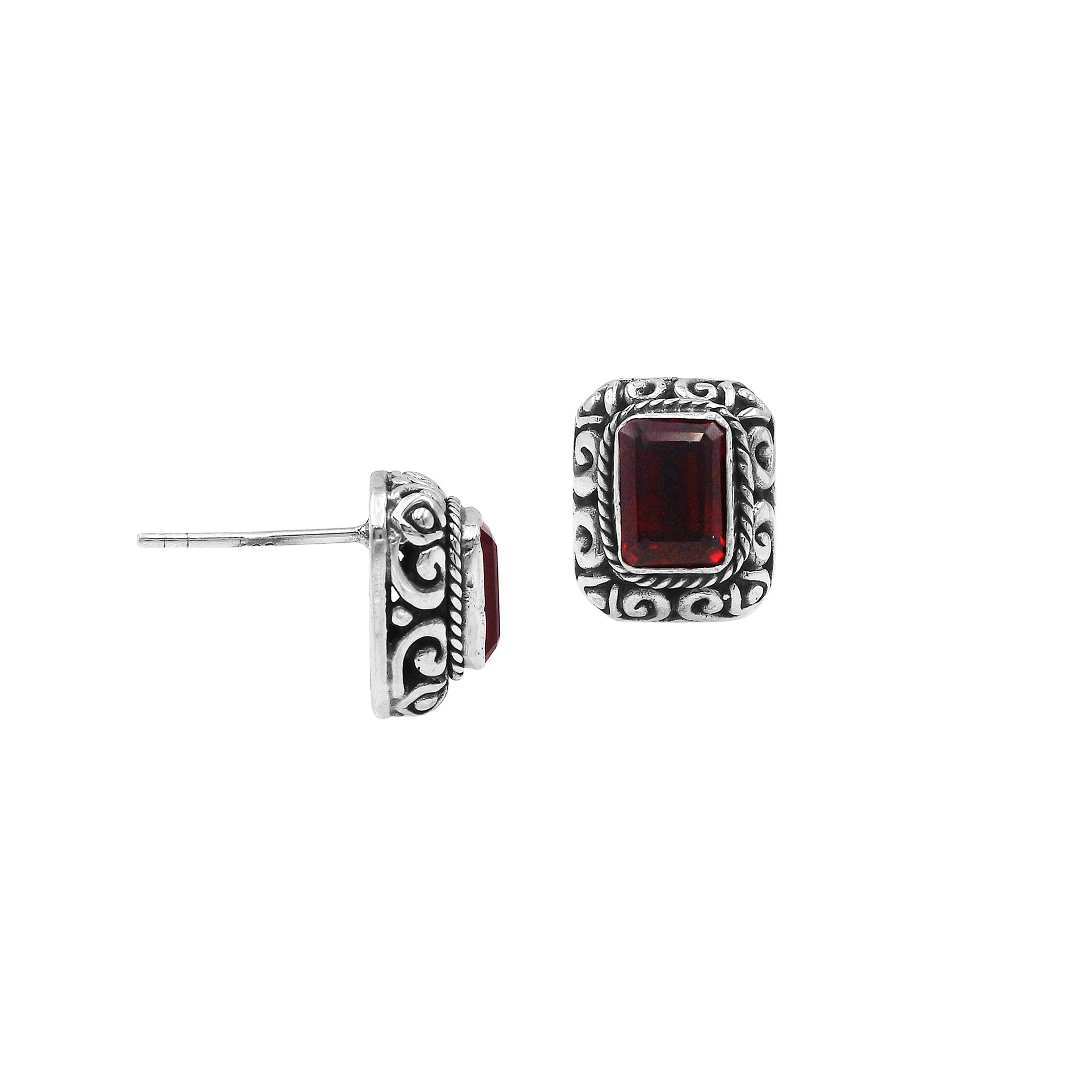 Wholesale Sterling Silver Rectangular Garnet Quartz Stud Earrings With Bali Scroll Frame Handcrafted In Bali