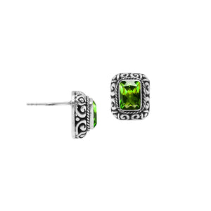Wholesale Sterling Silver Rectangular Peridot Quartz Stud Earrings With Bali Scroll Detailing Handcrafted In Bali