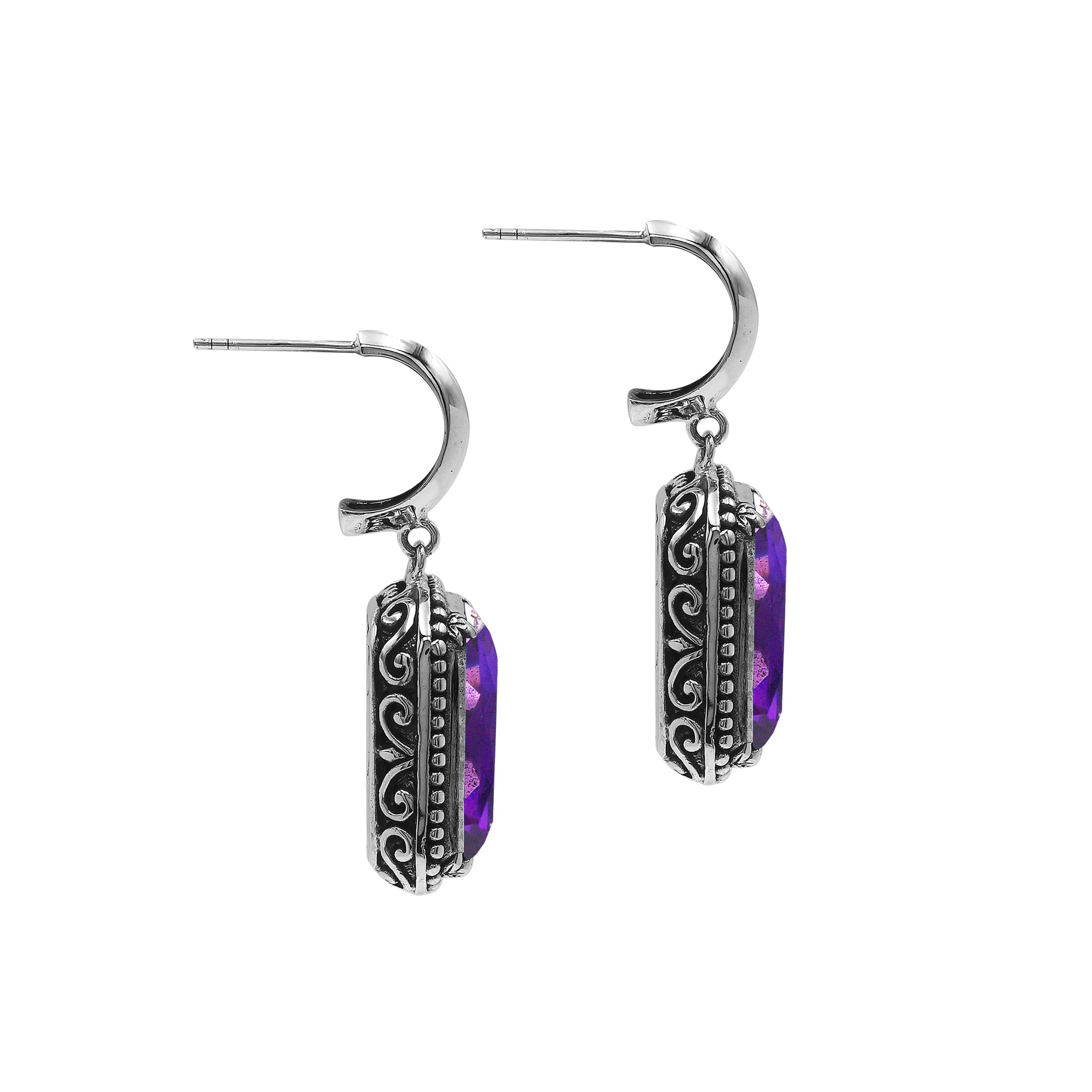 Sterling Silver Amethyst Quartz Drop Earrings With Rope Bezel And Scroll Side Detailing