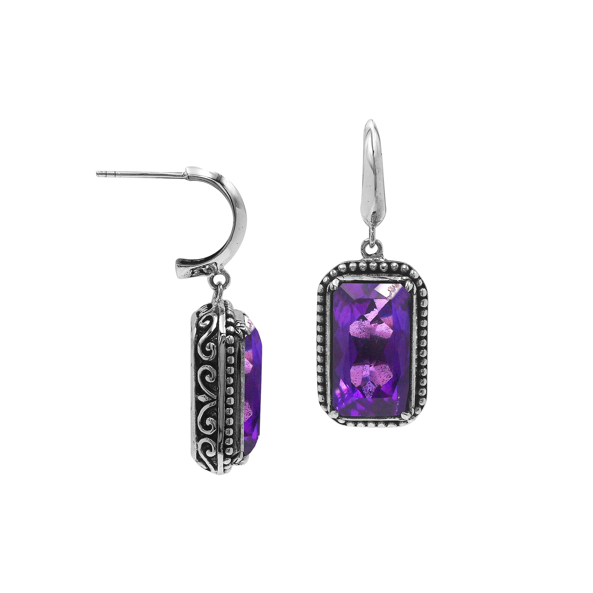 Sterling Silver Amethyst Quartz Drop Earrings With Rope Bezel And Scroll Side Detailing