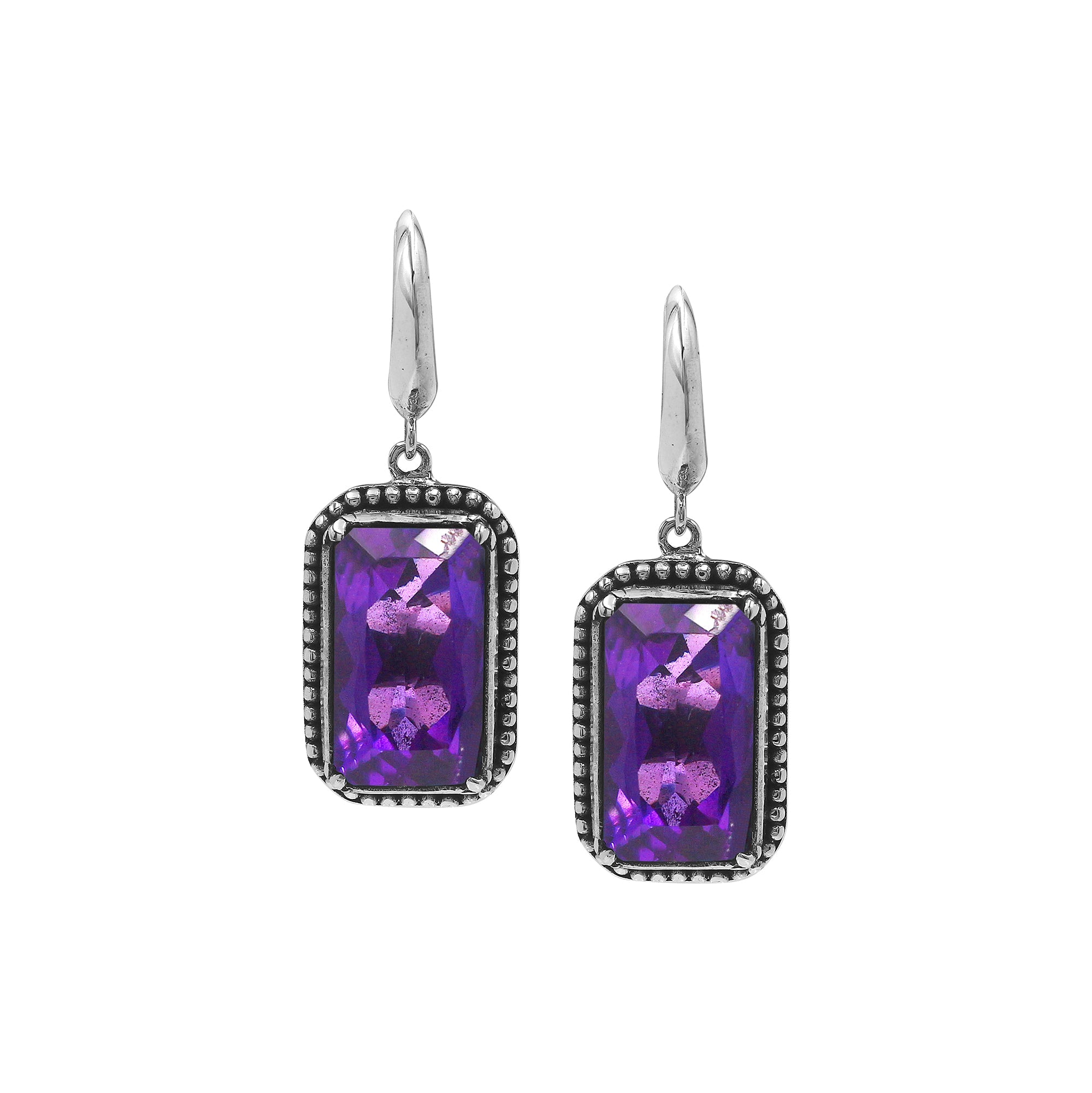 Sterling Silver Amethyst Quartz Drop Earrings With Rope Bezel And Scroll Side Detailing