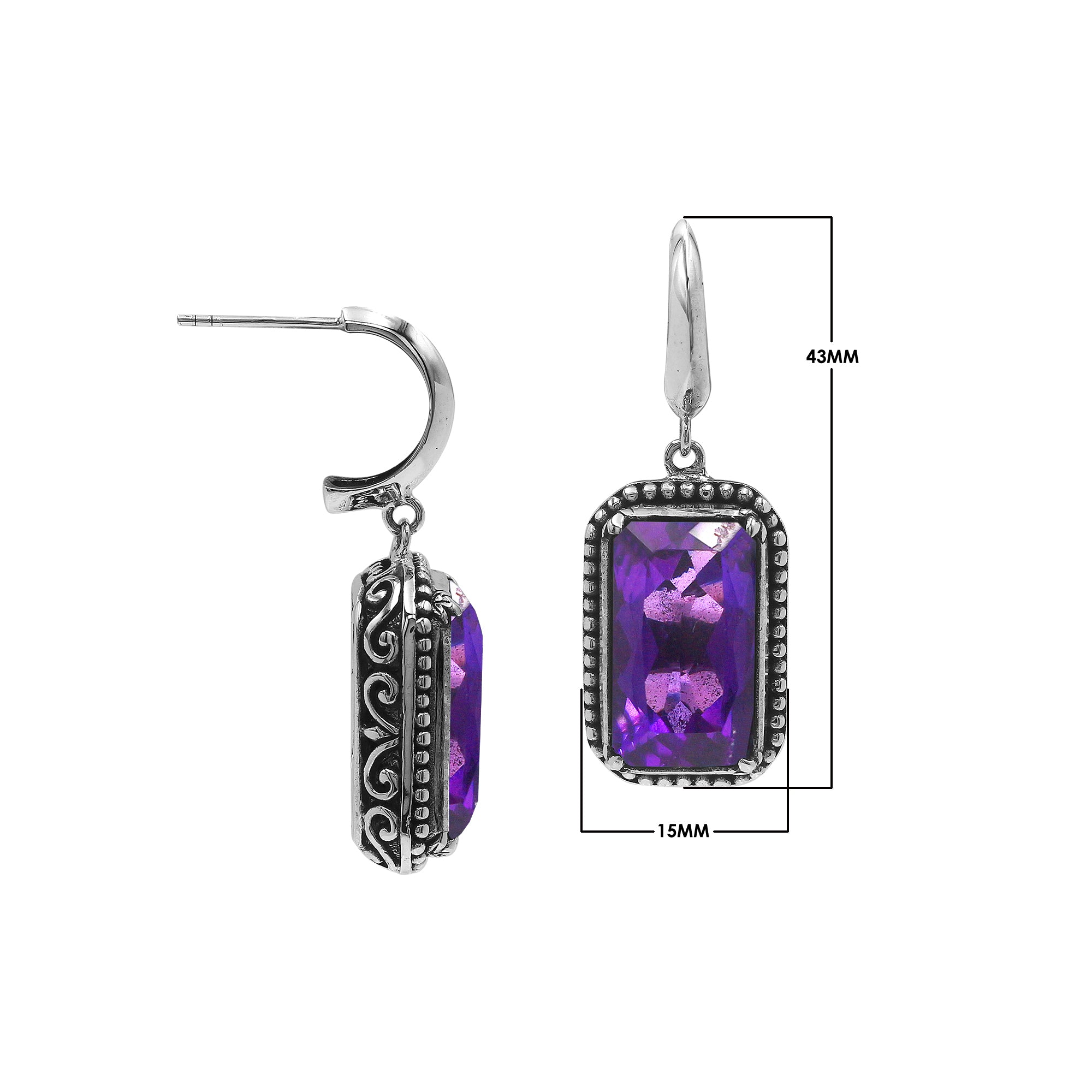 Sterling Silver Amethyst Quartz Drop Earrings With Rope Bezel And Scroll Side Detailing