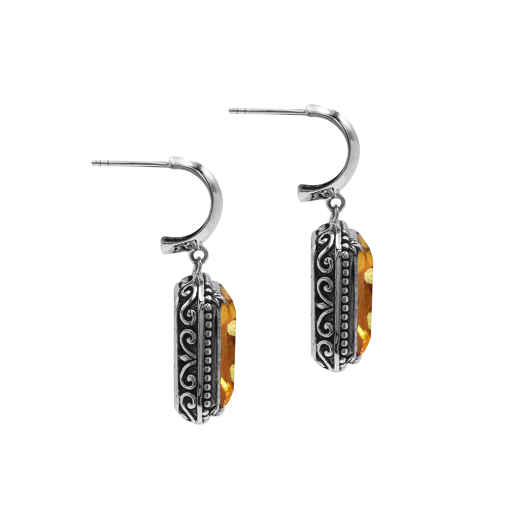 Sterling Silver Citrine Quartz Drop Earrings With Rope Bezel And Scroll Side Detailing