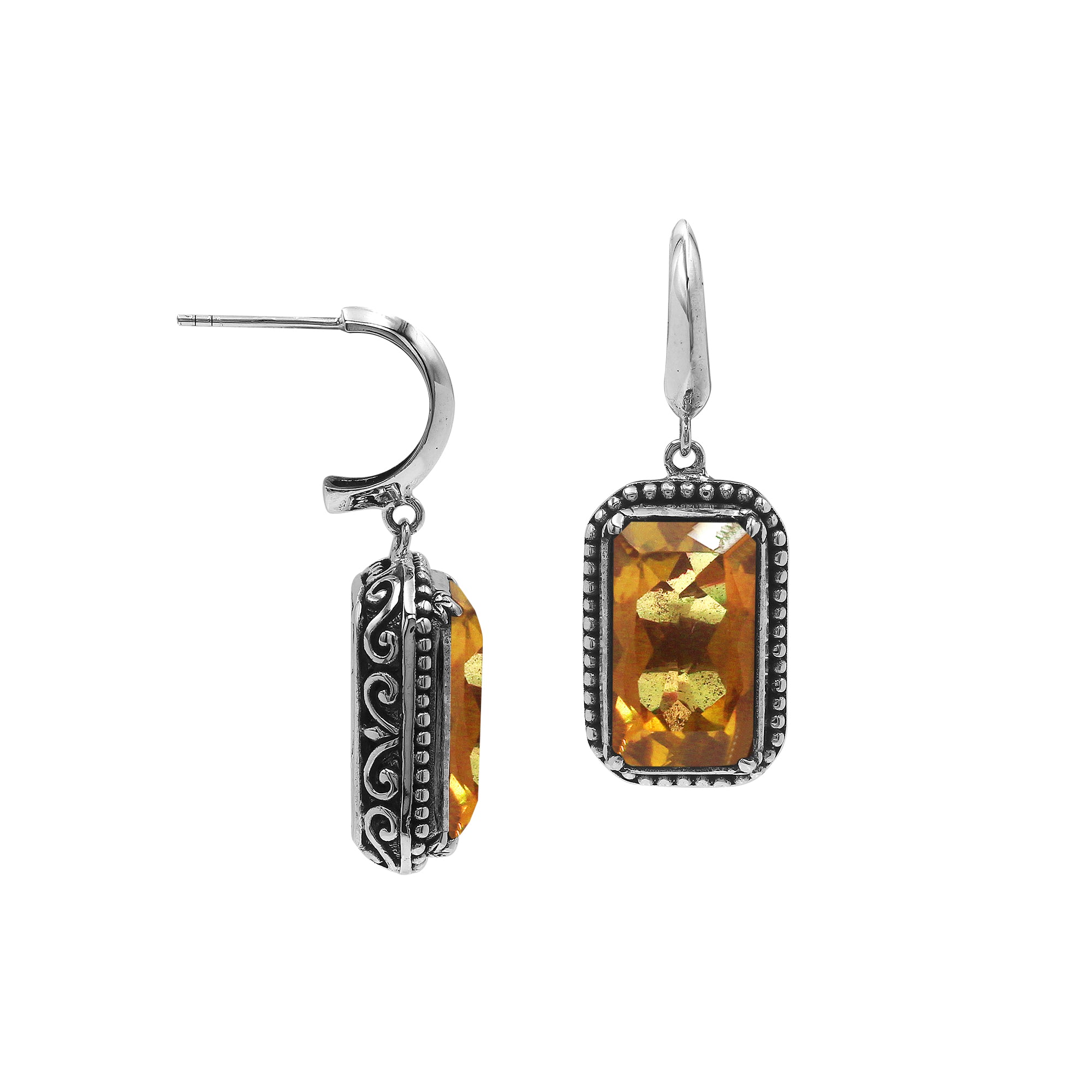 Sterling Silver Citrine Quartz Drop Earrings With Rope Bezel And Scroll Side Detailing