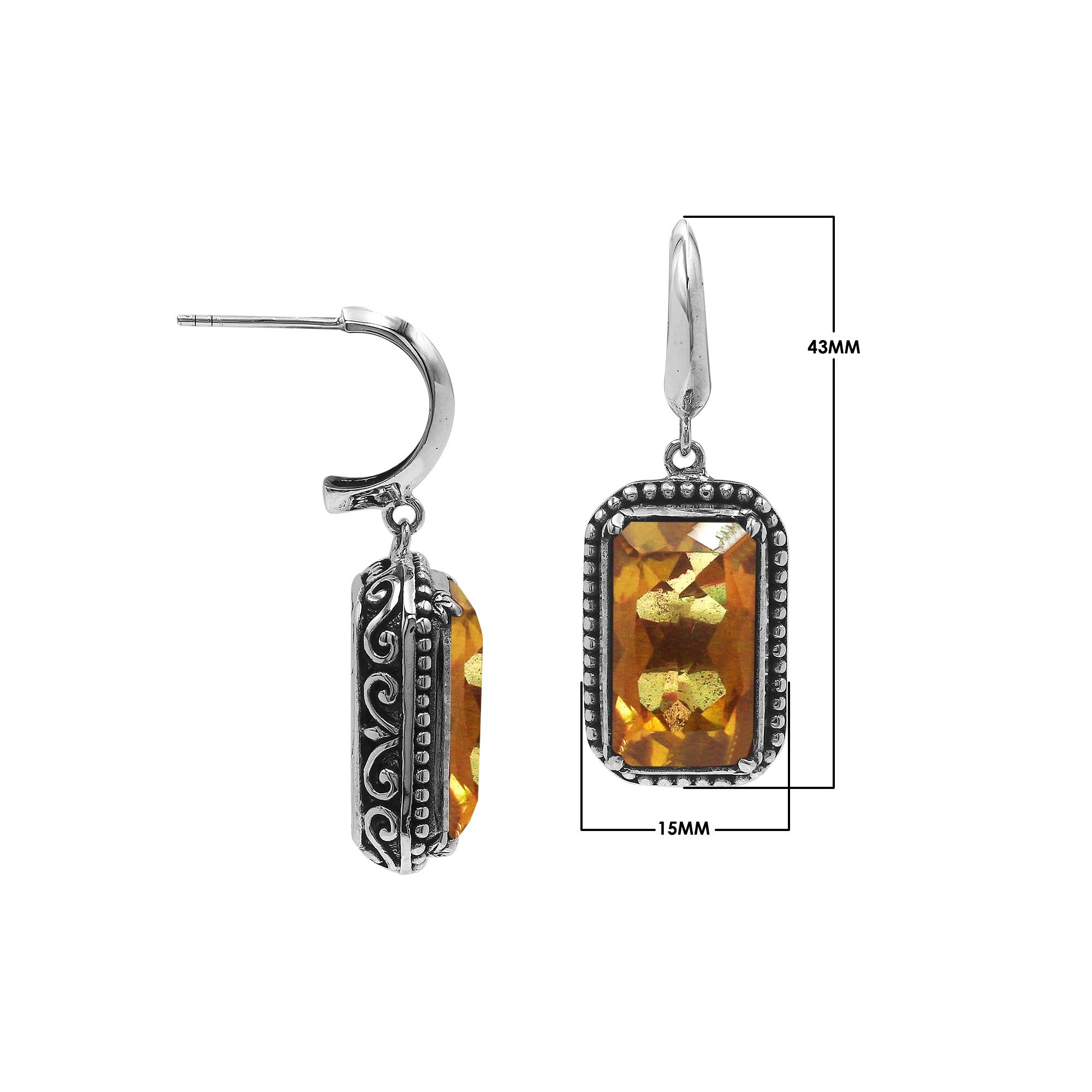 Sterling Silver Citrine Quartz Drop Earrings With Rope Bezel And Scroll Side Detailing