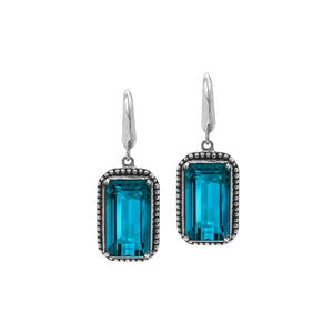Sterling Silver London Blue Topaz Quartz Drop Earrings With Rope Bezel And Scroll Side Detailing