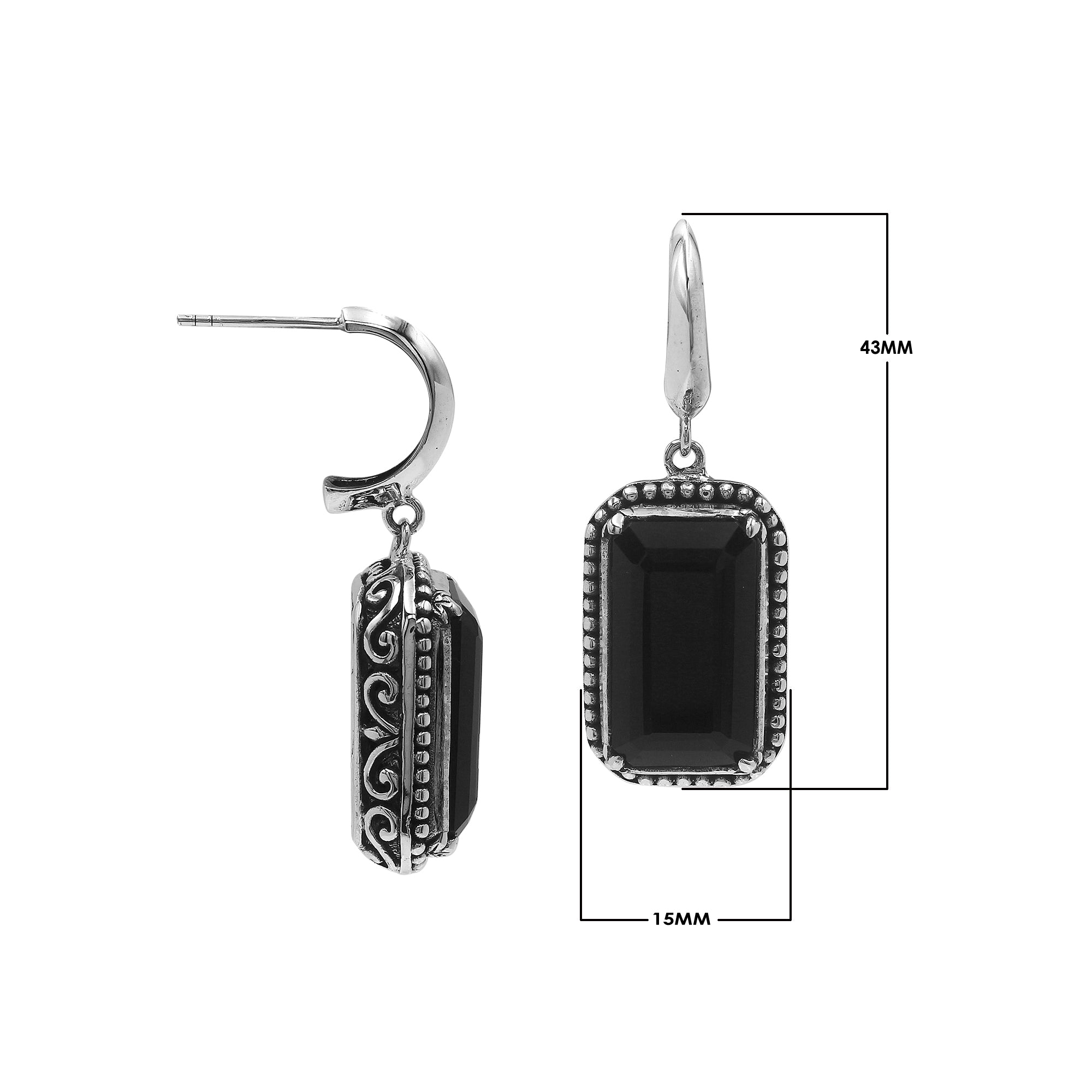 Sterling Silver Black Onyx Drop Earrings With Rope Bezel And Scroll Side Detailing