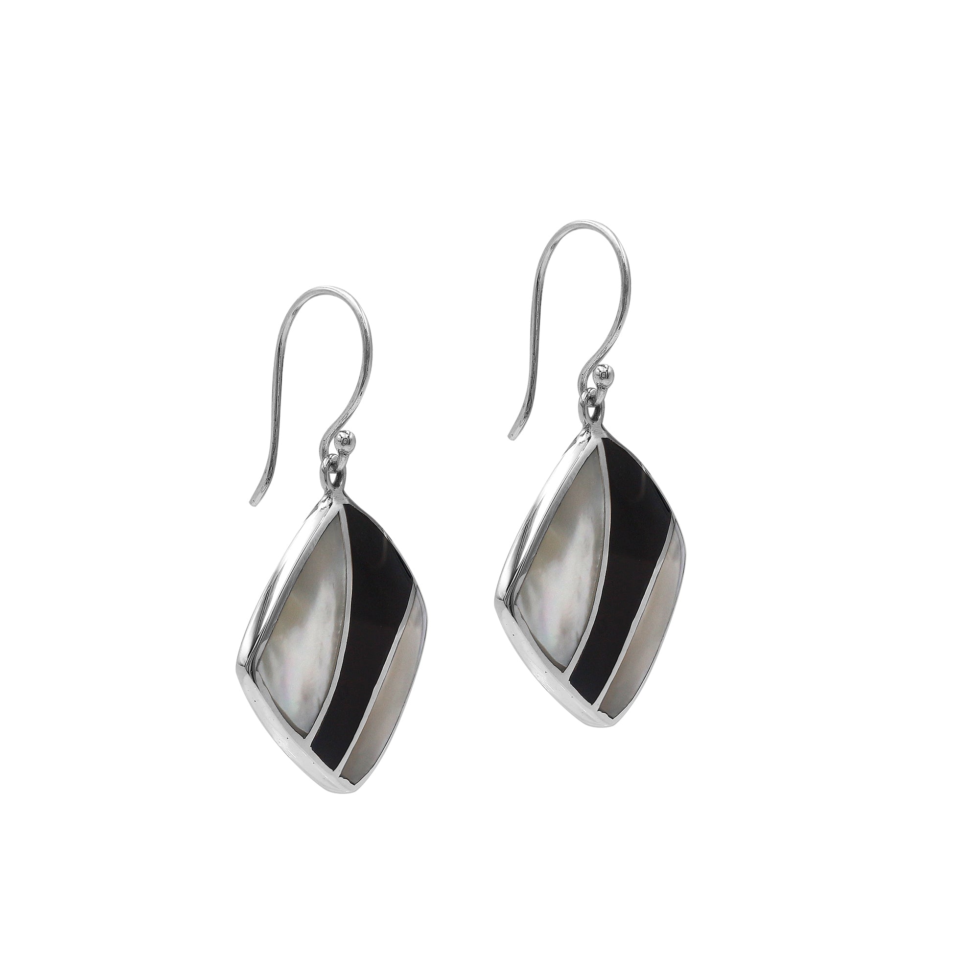 Sterling Silver Mother Of Pearl And Black Shell Inlay Drop Earrings In Diamond Shape