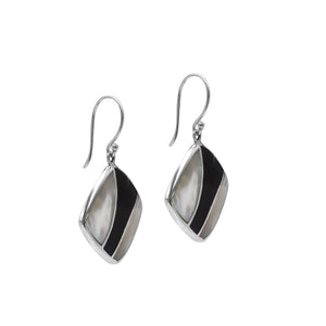 Sterling Silver Mother Of Pearl And Black Shell Inlay Drop Earrings In Diamond Shape