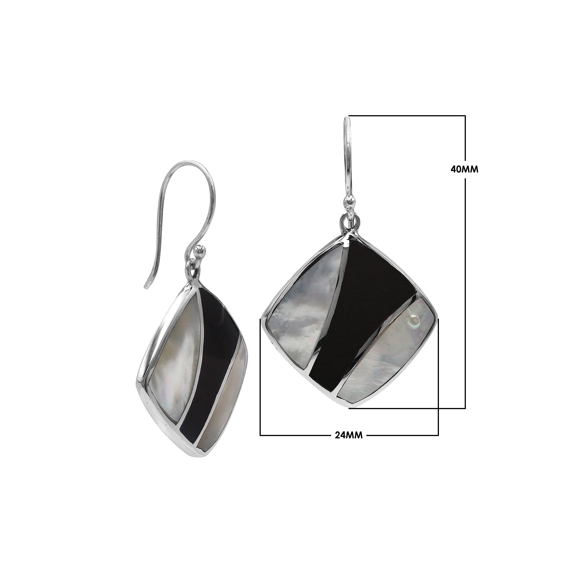 Sterling Silver Mother Of Pearl And Black Shell Inlay Drop Earrings In Diamond Shape