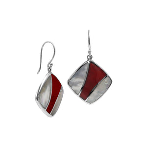 Sterling Silver Mother Of Pearl And Red Coral Inlay Diamond Drop Earrings