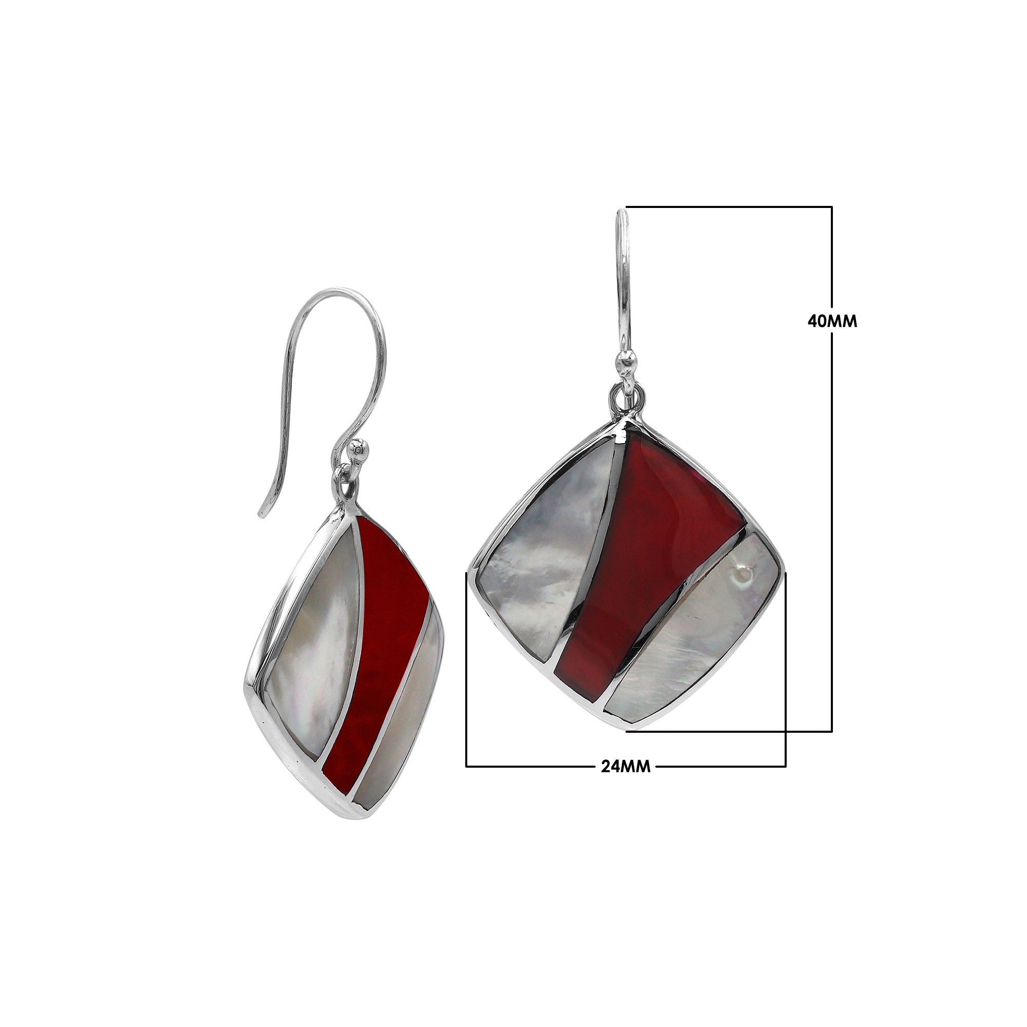 Sterling Silver Mother Of Pearl And Red Coral Inlay Diamond Drop Earrings