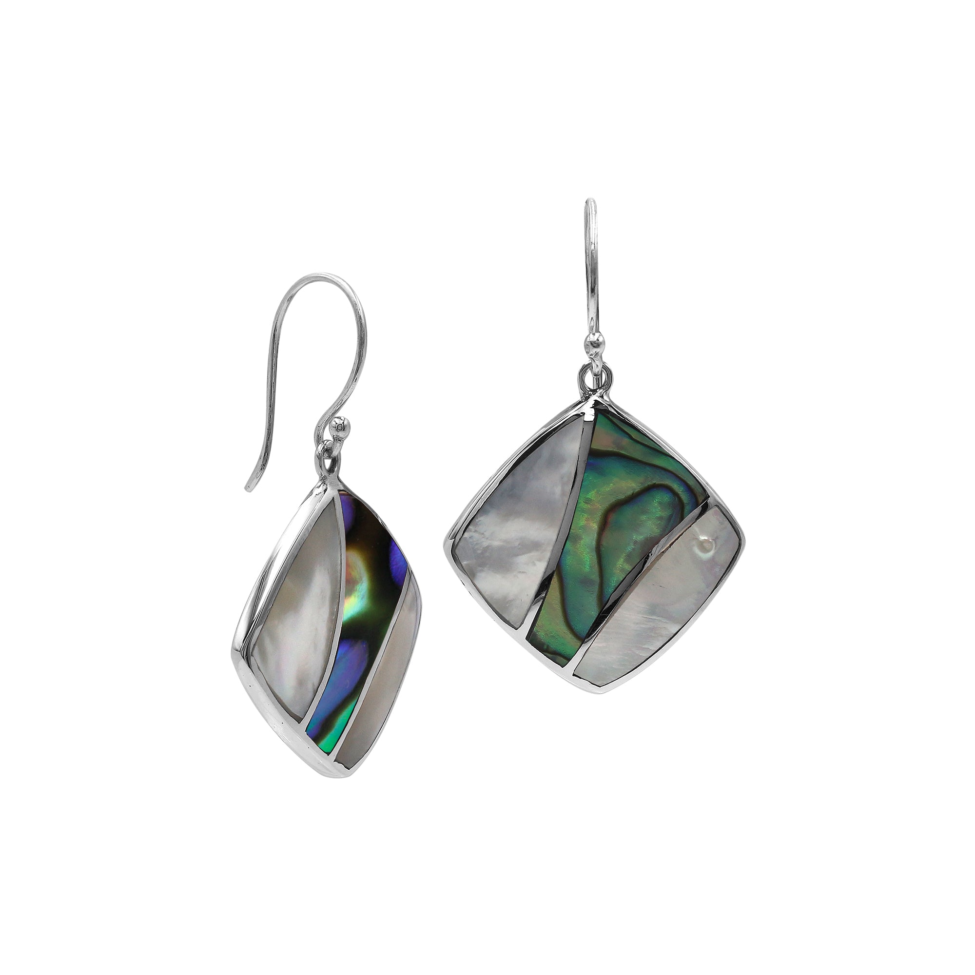 Sterling Silver Mother Of Pearl And Abalone Shell Inlay Diamond Drop Earrings