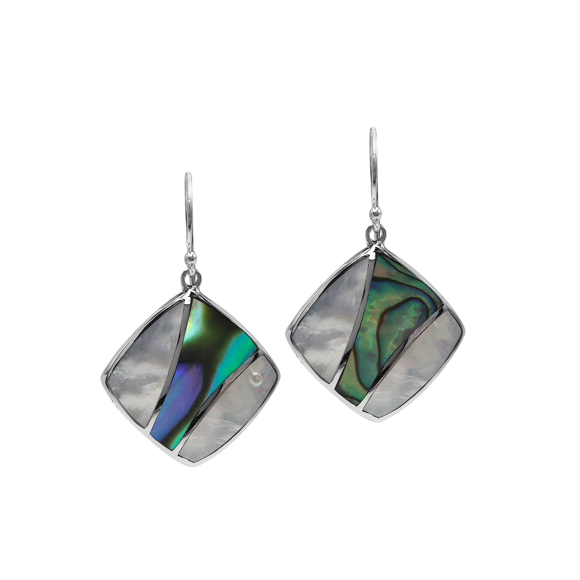 Sterling Silver Mother Of Pearl And Abalone Shell Inlay Diamond Drop Earrings