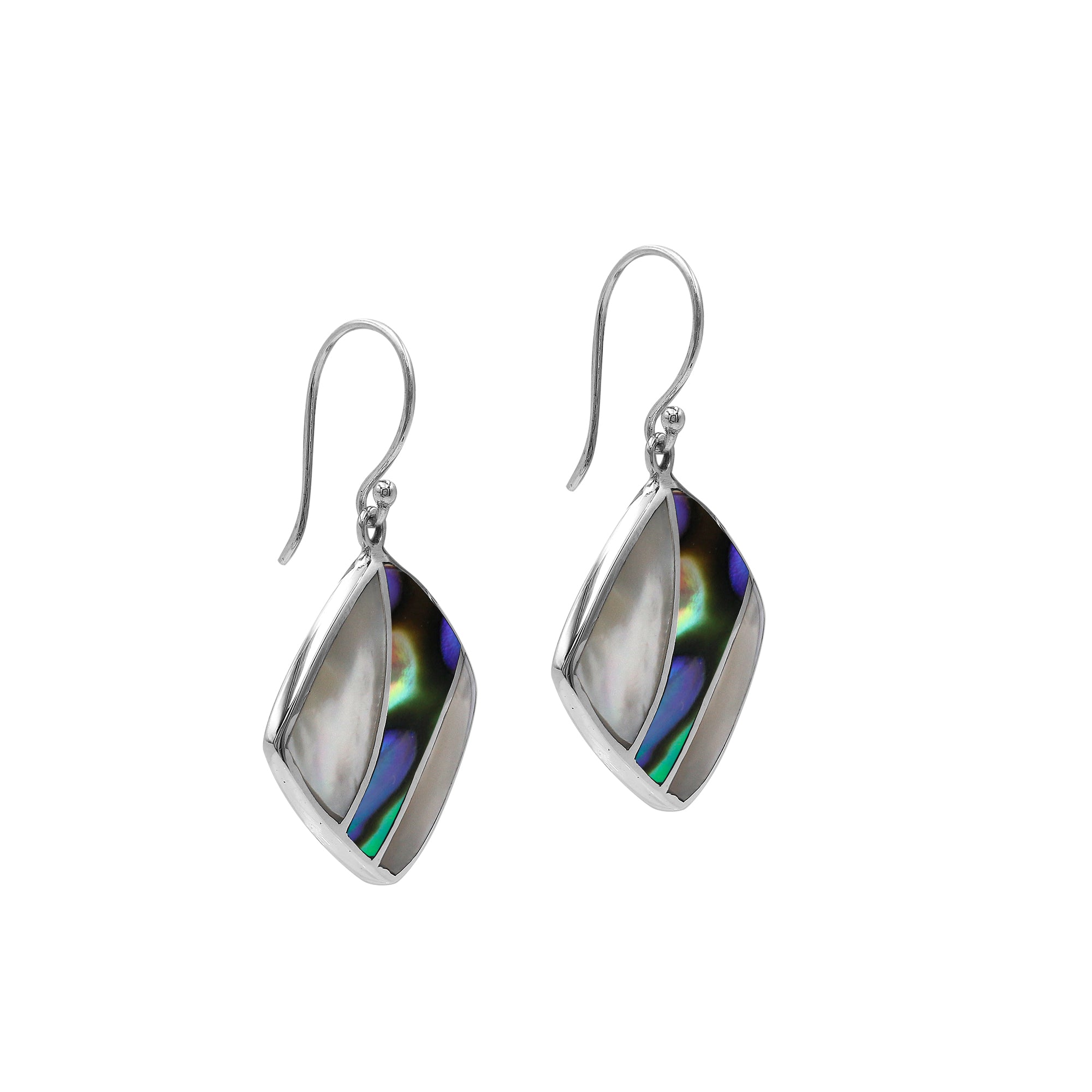 Sterling Silver Mother Of Pearl And Abalone Shell Inlay Diamond Drop Earrings