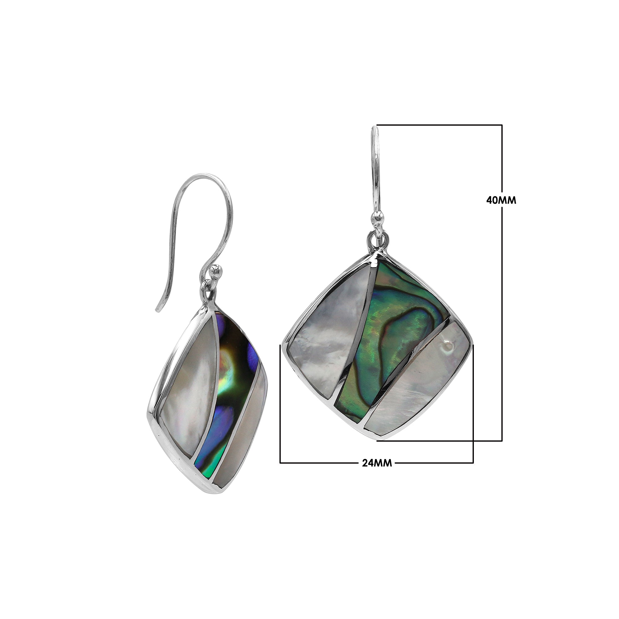 Sterling Silver Mother Of Pearl And Abalone Shell Inlay Diamond Drop Earrings