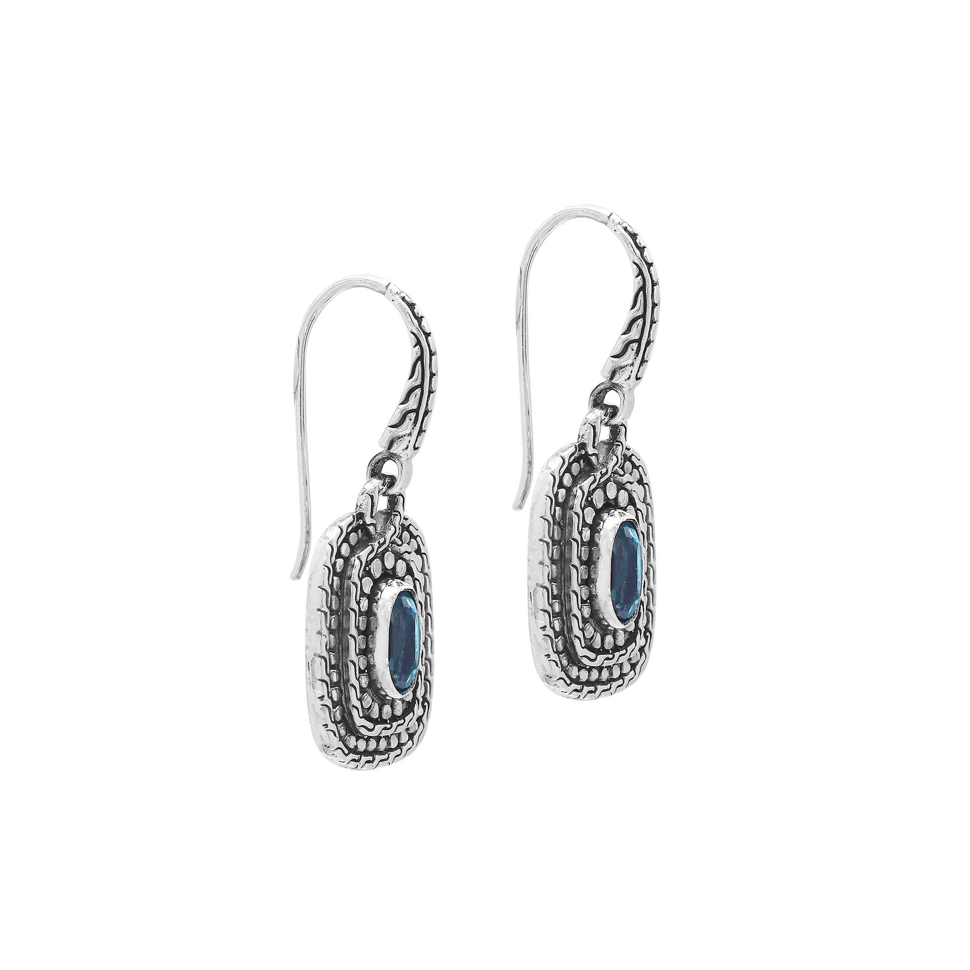 Sterling Silver Blue Topaz Quartz Granulated Oval Drop Earrings With Balinese Detailing