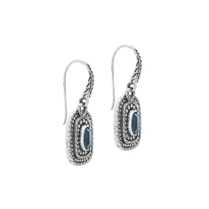 Sterling Silver Blue Topaz Quartz Granulated Oval Drop Earrings With Balinese Detailing