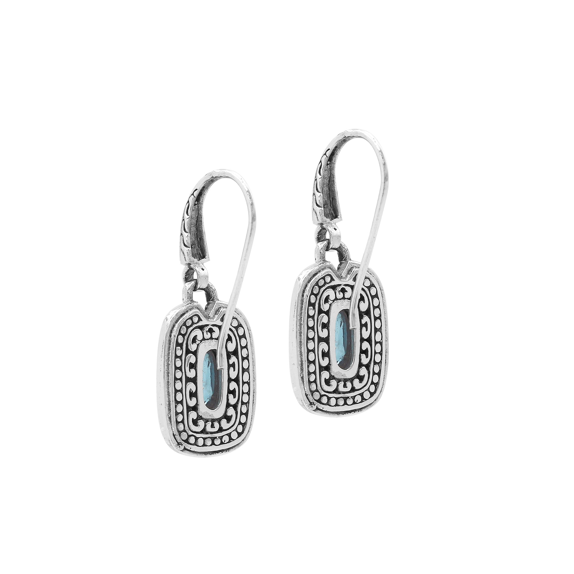 Sterling Silver Blue Topaz Quartz Granulated Oval Drop Earrings With Balinese Detailing